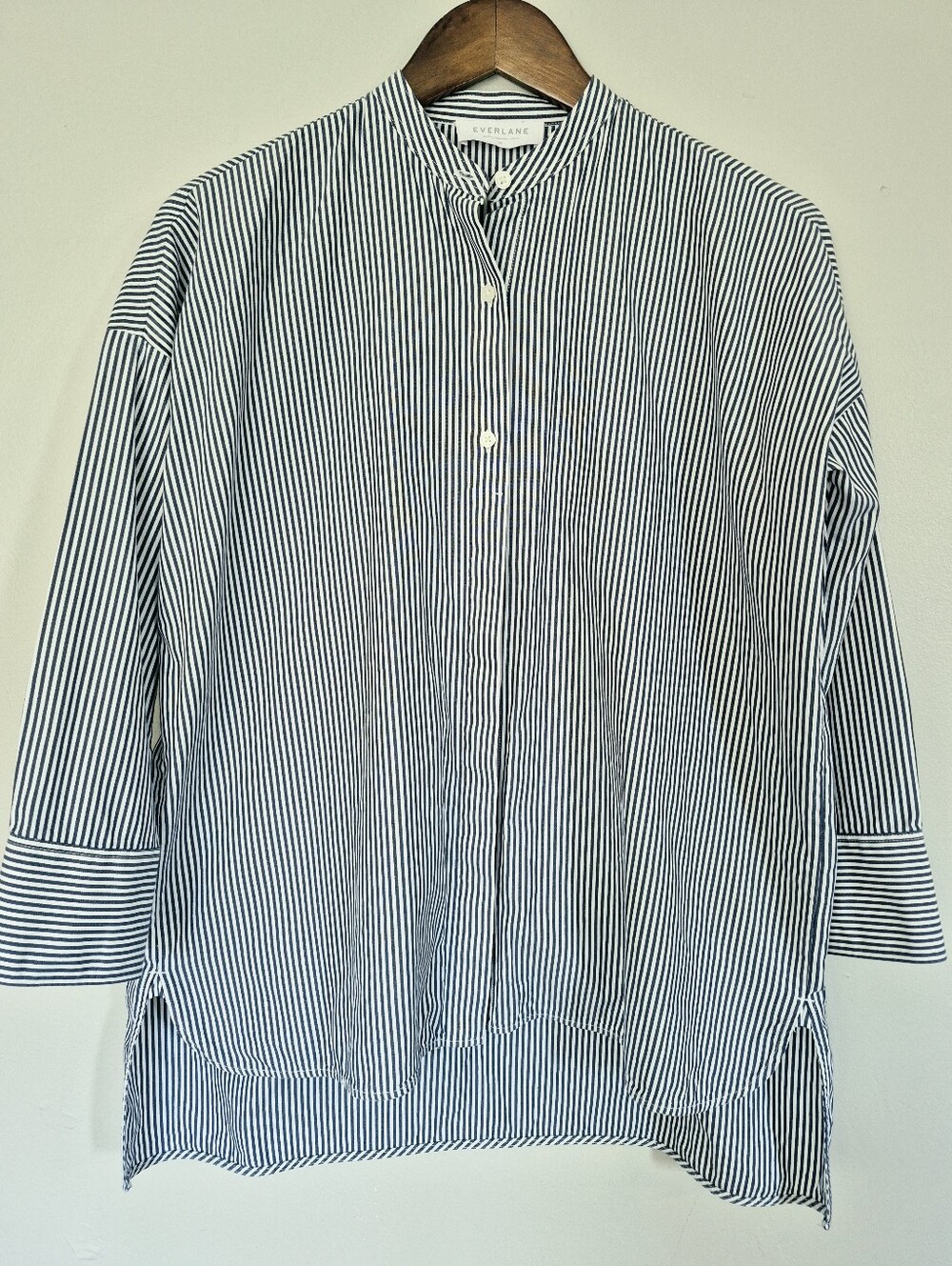Everlane Navy White Striped Cotton Button Up Cleric Color Shirt Oversized 00